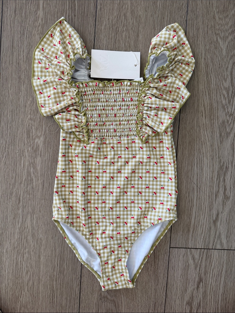 Zara Yellow Gingham One-Piece with green and  Cherry Print NWT size 6